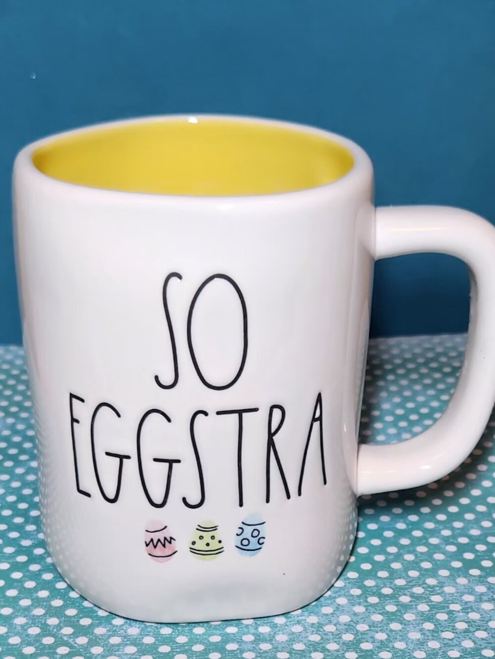 Rae Dunn So Eggstra Easter Eggs Coffee Mug Cup Yellow Inside 18oz.
